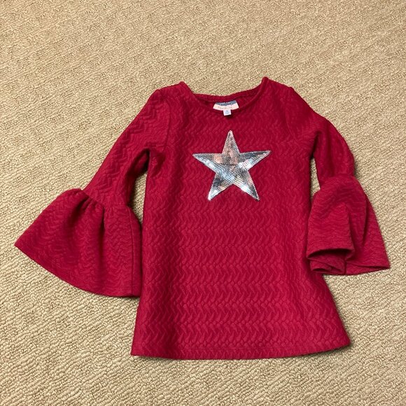 Pippa & Julie Blouse Girls 6 Red Tunic Silver Sequin Star Peplum Sleeve - Picture 1 of 6